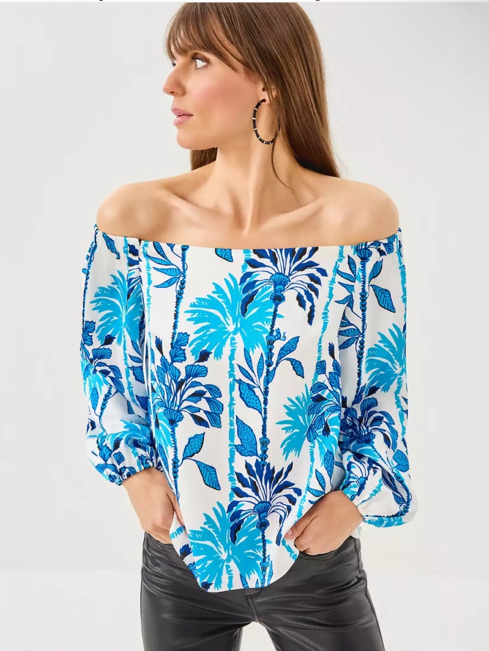 Lilly Pulitzer Off-Shoulder Palm Print Top in Blue & White